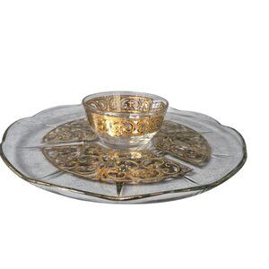 Georges Briard Signed Mid Century Modern Glassware Gold Scroll Decoration MCM